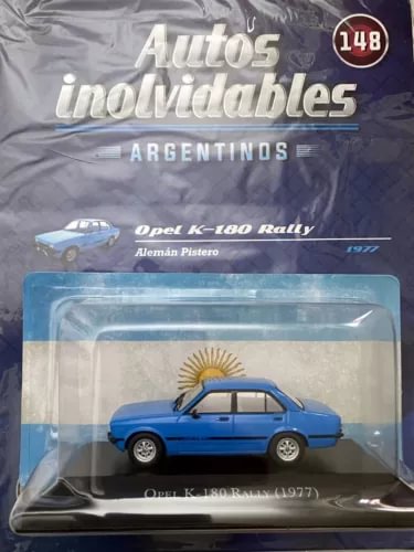 Blue diecast rally car model in sealed clear display case, Opel K-180 1977