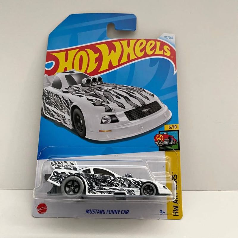 White and black Mustang Funny Car diecast toy in Hot Wheels blister package.