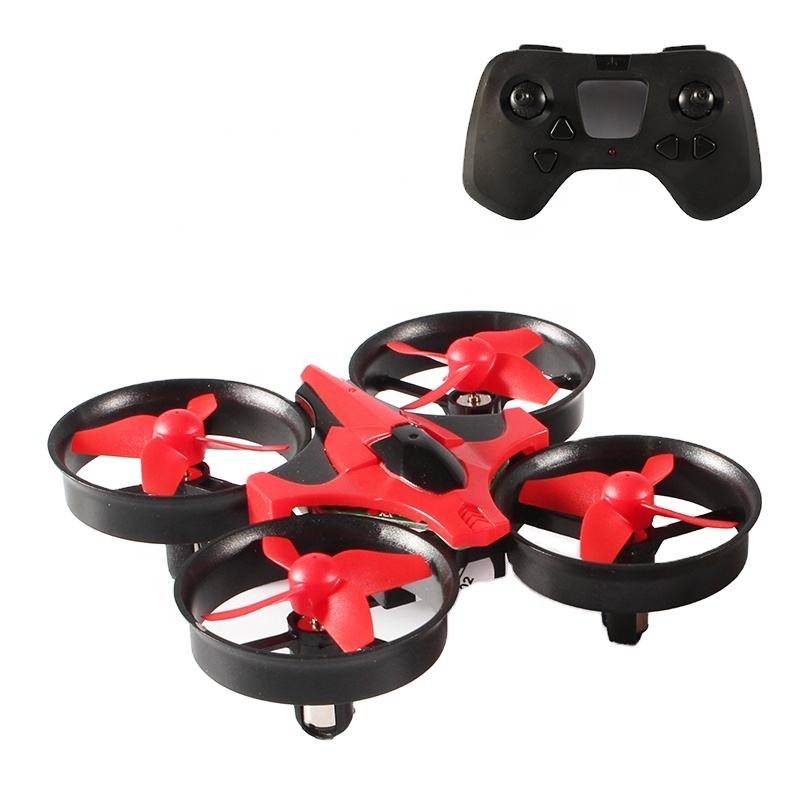 Red and black mini quadcopter drone with 4 propellers and wireless remote controller