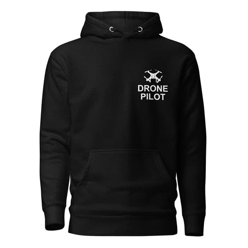 Black unisex hoodie with front pocket and drawstring, Drone Pilot graphic on chest