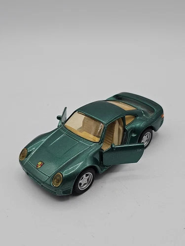 Green diecast pull-back car, 1:36 scale, front-left view