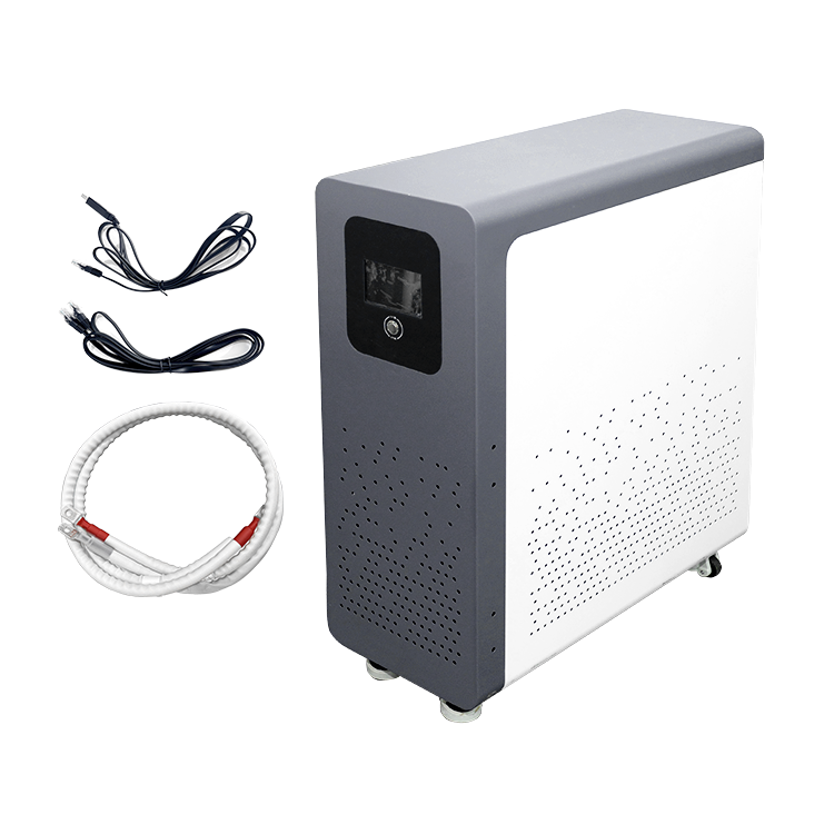 Lithium battery powerwall pack with wheels, dark and white cabinet with display panel