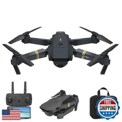 Dark gray quadcopter drone with front camera and four foldable propellers