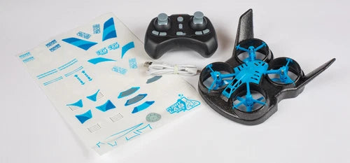 Blue HoverCross drone with black controller and blue parts sheet