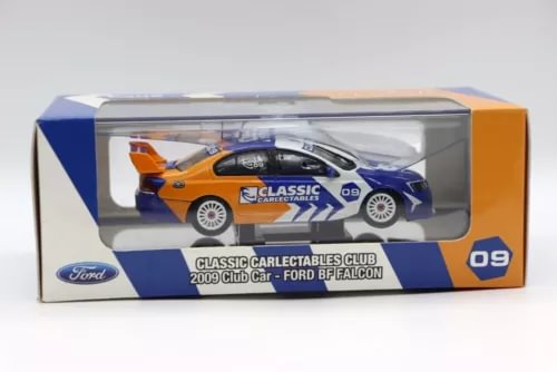 1/43 scale diecast car model in box, orange and blue Ford BF Falcon #09