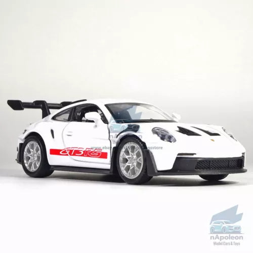 White 1/36 Porsche 911 GT3 RS diecast model car with black hood stripe