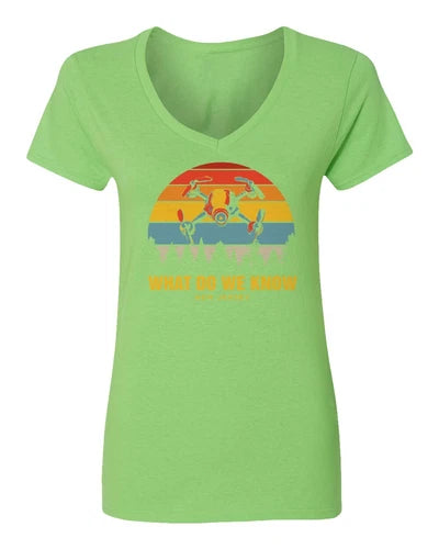 Ladies' v-neck t-shirt in green with colorful drone graphic on front