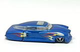 Hot Wheels blue diecast toy car with flame graphics, side view, open window