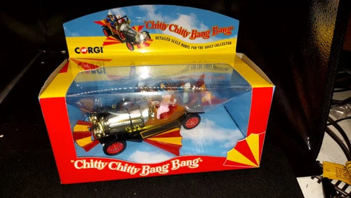 Corgi diecast model car toy, silver flying car with red wheels in boxed packaging