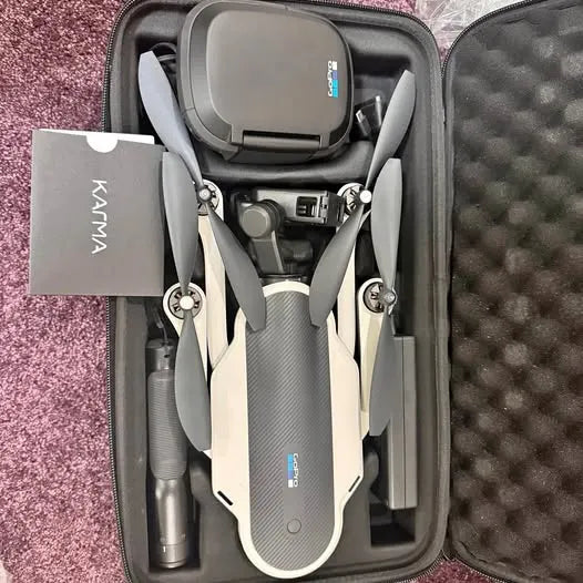 GoPro Karma drone in hard case with gray and white body and prop arms folded