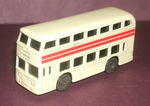 Cream double decker diecast bus toy with red stripe and black window accents