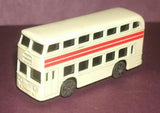 Cream double decker diecast bus toy with red stripe and black window accents