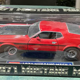 Red and black 1971 Mustang Mach 1 diecast model car, side view with stripes