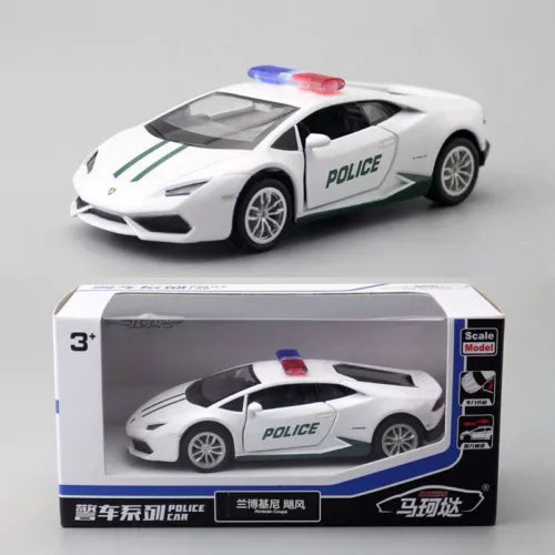 1:36 diecast police car model, white with blue stripe and roof lights, pull-back toy