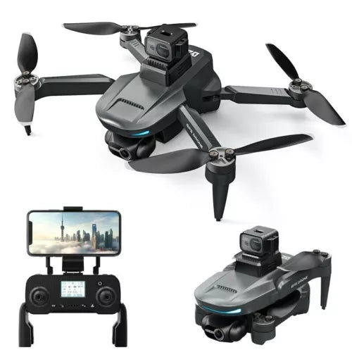 Gray GPS drone with 2-axis gimbal camera, four rotors and front obstacle sensors