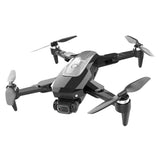 Quadcopter drone with four propellers and front camera module, gray and black