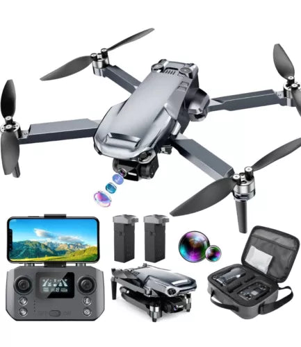 Gray RC quadcopter drone with 4-blade rotors, remote controller, batteries and case
