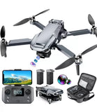 Gray RC quadcopter drone with 4-blade rotors, remote controller, batteries and case