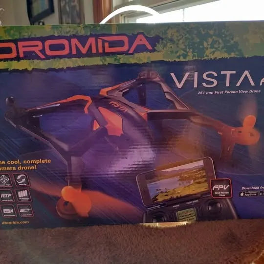 Vista FPV camera drone box with illustrated drone and FPV controller screen