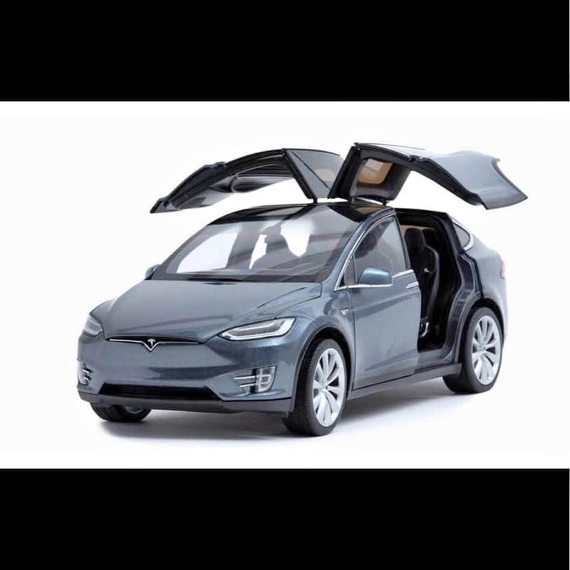 Tesla Model X diecast car, light gray, front doors open