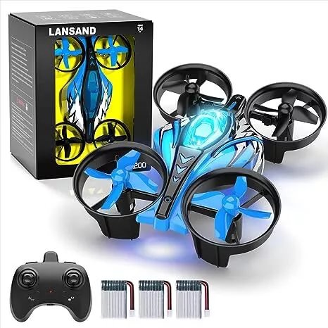 Blue mini RC quadcopter drone with four propellers, remote controller, and accessories