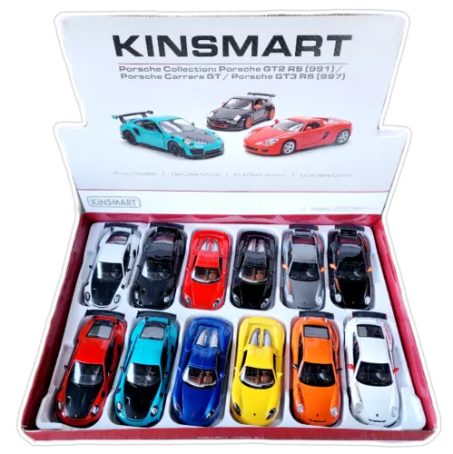 Kinsmart pull-back diecast model car set in open box, assorted Porsche-style cars