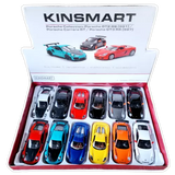 Kinsmart pull-back diecast model car set in open box, assorted Porsche-style cars