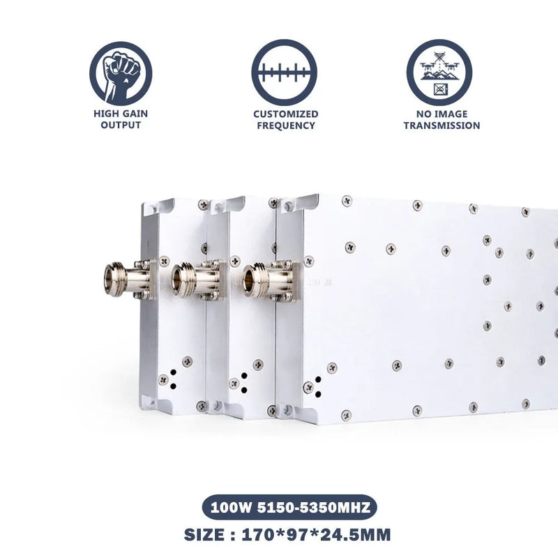 RF power amplifier module with heat sink fins and SMA antenna ports, 100W 5150-5350MHz
