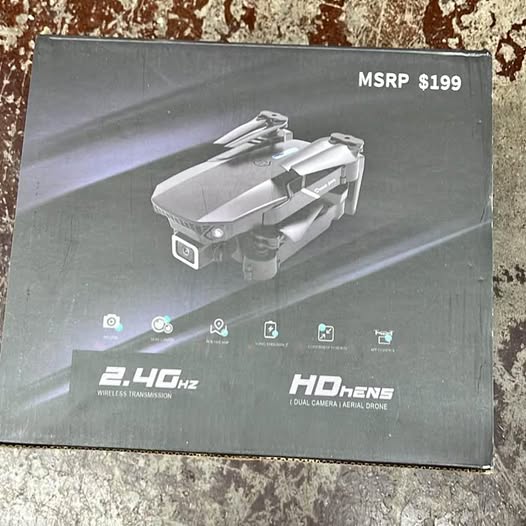 Aerial camera drone retail box with drone photo, 2.4G Hz, and HD logo