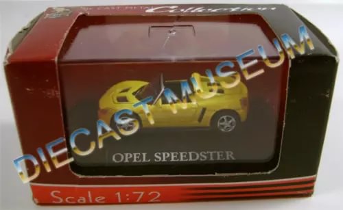 Yellow 1:72 diecast Opel Speedster in display box with window