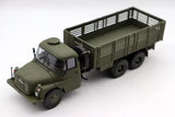 Olive-green military diecast truck with open cargo bed and cab, 3-axle wheels