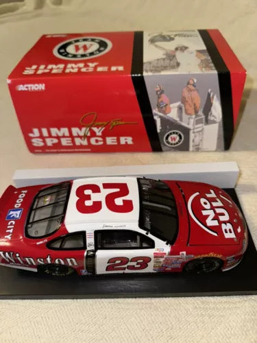 Diecast race car, red and white #23 with sponsor decals, in display case