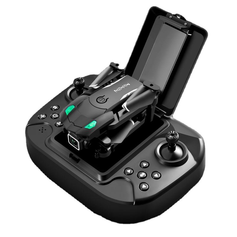 Mini quadcopter drone with handheld controller base, dark gray and black