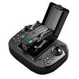 Mini quadcopter drone with handheld controller base, dark gray and black