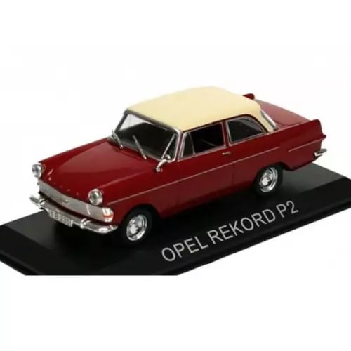 Opel Rekord P2 1:43 diecast model car, red sedan with beige roof, on black base