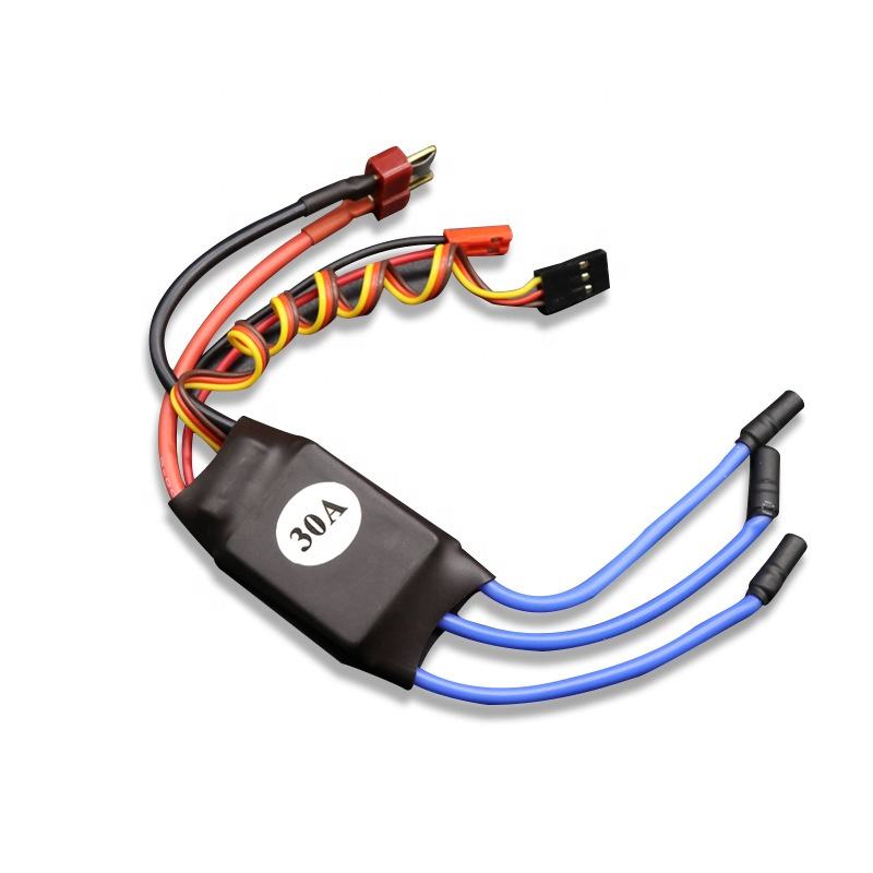 Brushless ESC speed controller with 30A label, blue wires, JST connector for RC drone