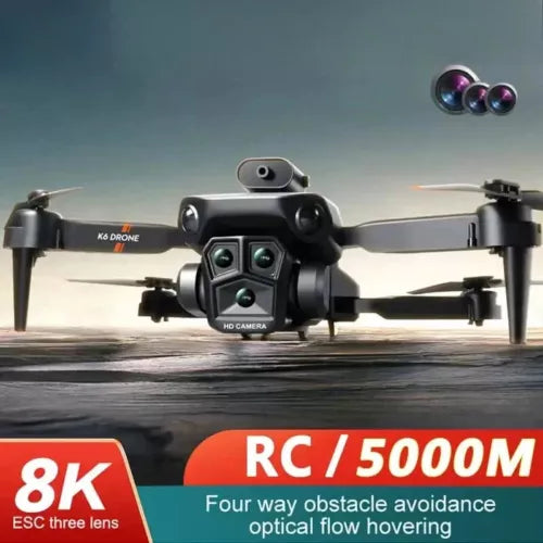 Three-camera quadcopter drone with front HD camera and four black rotors