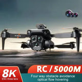 Three-camera quadcopter drone with front HD camera and four black rotors