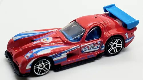 Hot Wheels red diecast race car with blue rear wing and blue-silver decals