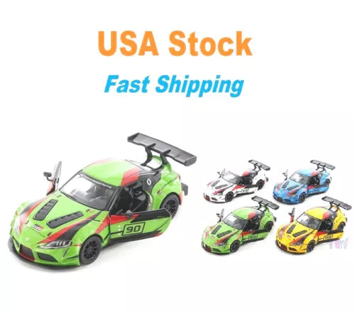 Lime green racing diecast car with rear wing and racing decals, 1:36 scale