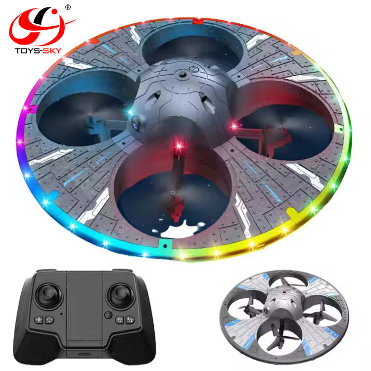 Light-up UFO foam disc quadcopter with built-in prop lights and black remote controller