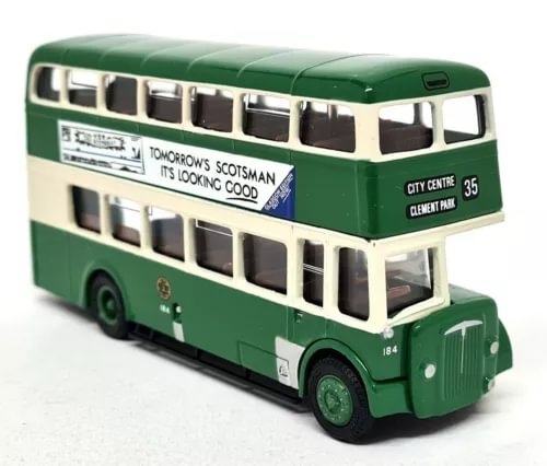 Green diecast double-decker bus model with detailed windows and front lights