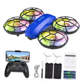 Kids quadcopter drone with camera, blue body and four propellers, with remote controller