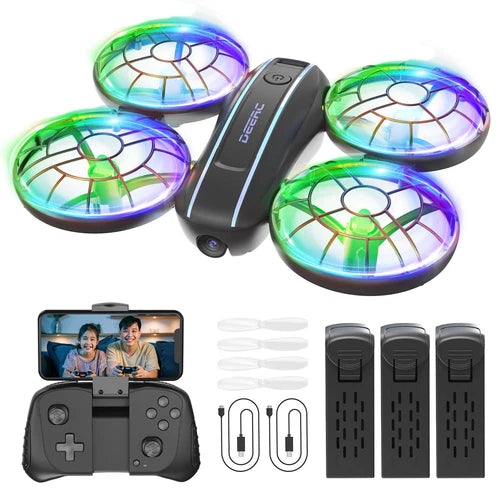 Small quadcopter drone with LED ring propellers, controller, and spare charging parts
