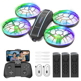 Small quadcopter drone with LED ring propellers, controller, and spare charging parts