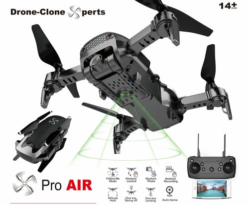 Black quadcopter drone with four propellers and front camera module
