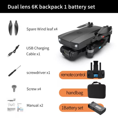 6K dual camera GPS drone kit with remote, battery, and carrying case