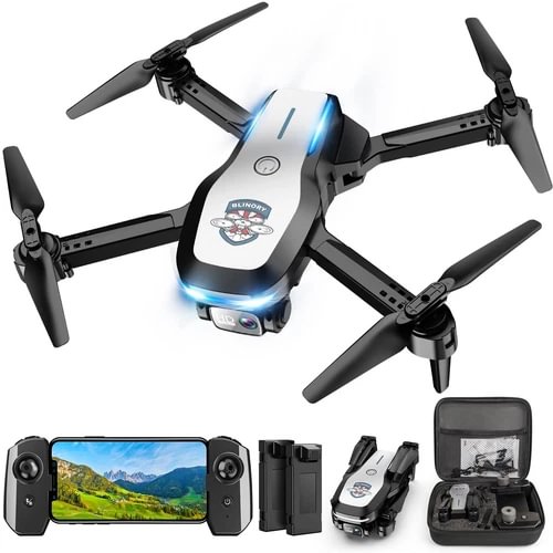 Foldable mini quadcopter drone with camera, black, with controller and carrying case.