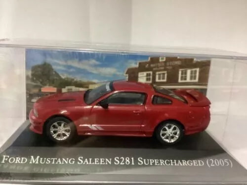 Red diecast Ford Mustang Saleen S281 Supercharged 2005 car in box, side view