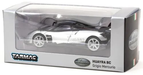 1:64 scale diecast car in box, Tarmac Works Pagani Huayra BC Grigio Mercurio